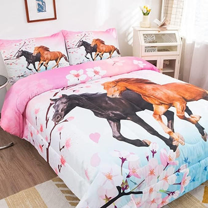 Feelyou Girls Horse Comforter Set King Size Chic Pink Cherry Blossom Bedding Set for Horse Lover Gift Farmhouse Comforter 3D Wild Animal Quilted Bedroom Decor 3Pcs
