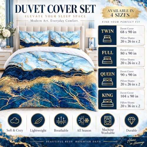 Royal Blue Marble Duvet Cover Set Twin Size Sequin Gold Bedding Comforter Covers with 2 Pillow Shams Breathable Durable Soft Comfy
