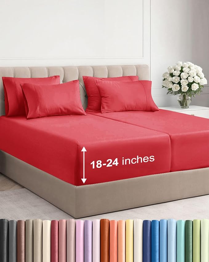 Extra Deep Split King Sheet Set - 7 Piece Breathable and Cooling Sheets - Hotel Luxury Bedding for Women, Men, Kids & Teens - Easy Secure Fit - Soft, Wrinkle Free and Comfy - Extra Deep Pockets - Red