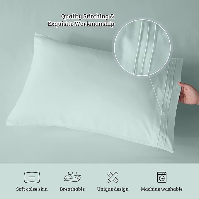 YIYEA Pillow Cases Standard Size Set of 4, Ultra Soft 1800TC Hotel Quality Double Brushed Microfiber Embroidered Pillowcases, Envelope Closure, Fade Resistant (20"x26", Aqua)