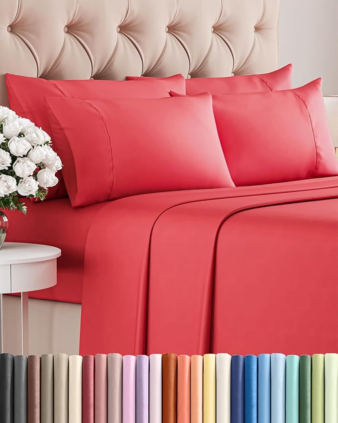Full 6 Piece Sheet Set - Comfy Breathable & Cooling - Ultra Soft Hotel Luxury Bedding Set with 8-16 Inch Deep Pockets - 1 Flat & 1 Fitted Sheet & 4 Pillowcases - Cozy, Wrinkle Free & Easy Care - Red
