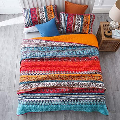 WONGS BEDDING Boho Quilt King Size,3 Pcs Bedspread Set, Orange and Blue