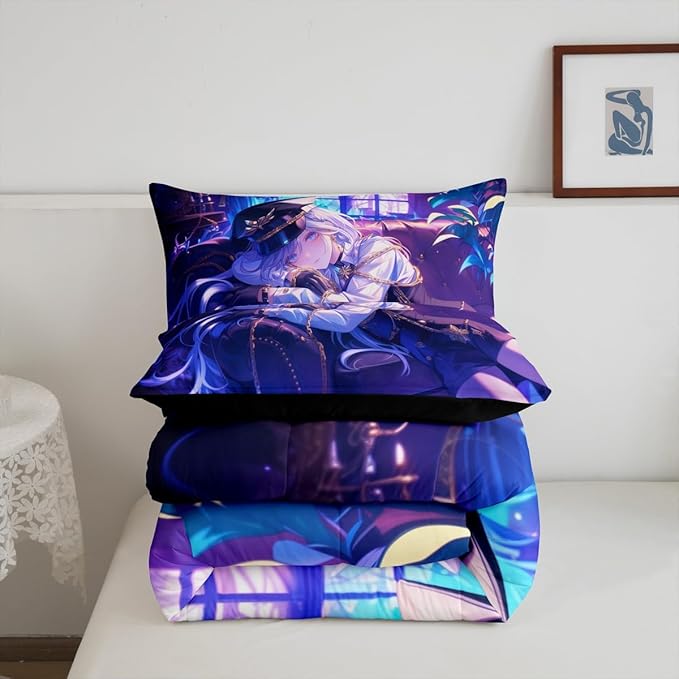 Erosebridal Anime Girl Comforter Set King Size Japanese Anime Bedding Set for Kids Boys Teens Women Bedroom Decor, Cartoon Girl Down Comforter Japanese Animation Kawaii Quilt, Purple