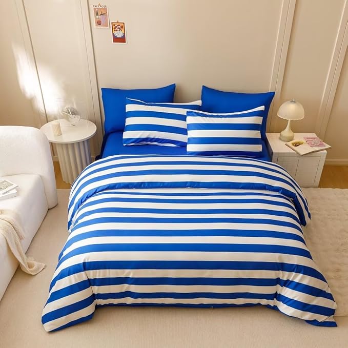 CLOTHKNOW Striped Full Size Comforter Set 3Pcs Blue White Bedding Comforter Sets Farmhouse Bedding Soft Comforter with 2 x Pillow Cases