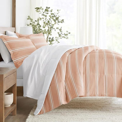 LINENS & HUTCH Comforter Set Patterned Microfiber All Season Down-Alternative Ultra Soft Bedding in Soft Stripe - King/Cal-King Soft Stripe Rose