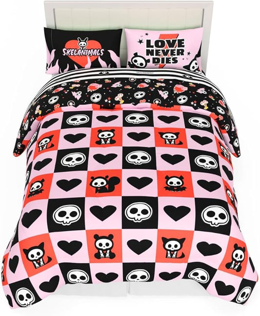 Skelanimals Bedding 7 Piece Full Bed Set, Soft Checkered Comforter and Sheet Set with Sham, Kit The Cat, (Officially Licensed Product) by Franco Collectibles