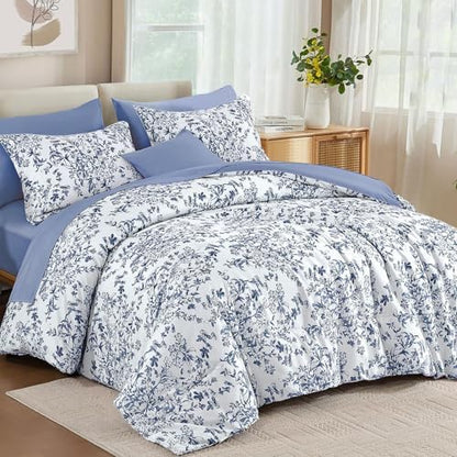 8 Pieces Blue Floral Comforter Set Full Size Bed in a Bag Bedding Set