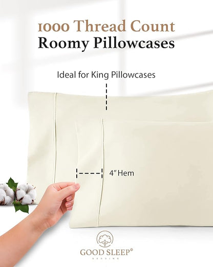 1000 TC Ivory King Pillowcases Set of 2 100% Egyptian Cotton Pillow Cases with Long Staple Cotton & Sateen Weave, Silky Soft Hotel - Like Bed Pillow Covers for Comfy Sleeping, Snug Fit