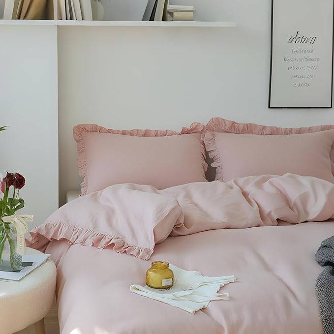 Simple&Opulence 100% Linen Duvet Cover Set, 3 PCS Natural French Flax Blush Pink Ruffle Duvet Cover King Size, Breathable Comfy Linen Bedding Comforter Cover with 2 Pillowcases(Blush Pink, 104" X 92")