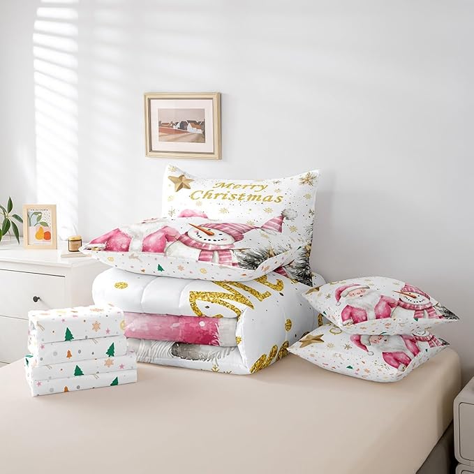 Gold Snowflake Full Comforter Set with Sheets Bed in a Bag 7 Pcs,Pink Santa Snowman Christmas Trees Bed Set,Watercolor Winter Bedding Sets with Comforter,Flat,Fitted Sheet,Pillowcases,Pillow Covers