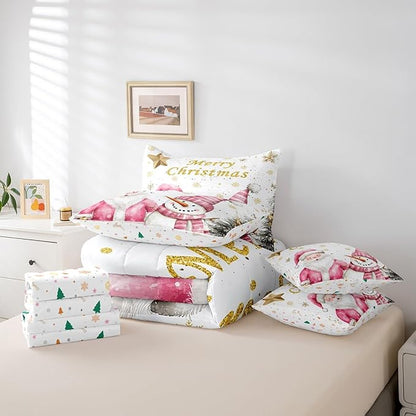 Gold Snowflake Queen Comforter Set with Sheets Bed in a Bag 7 Pcs,Pink Santa Snowman Christmas Trees Bed Set,Watercolor Winter Bedding Sets with Comforter,Flat,Fitted Sheet,Pillowcases,Pillow Covers