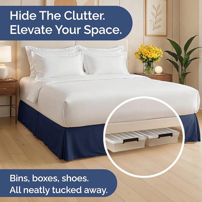 Pleated Bed Skirt Queen Size - 3 Sided Pleated Bed Skirt Queen - Ultra-Soft, Easy Fit with 18 Inch Tailored Drop - Hotel Quality, Wrinkle Free & Fade Resistant - for Women, Men, Kids and Teens - Navy
