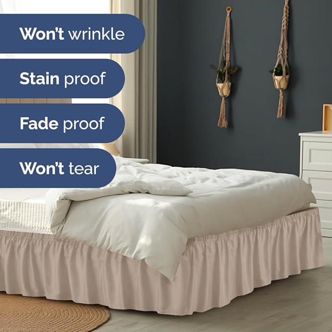 Wrap Around Dust Ruffle Bed Skirt - Wheat - for Queen Size Beds w/ 15 Inch Drop - Easy Fit Elastic Strap - Adjustable Pleated Bedskirt w/Brushed Fabric - Wrinkle Free - for Women, Men, Kids & Teens