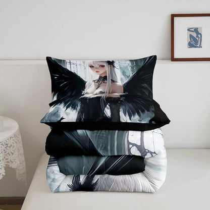 Erosebridal Anime Girl Bedding Set Twin Size, Kawaii Japanese Anime Comforter for Kids Boys Teens Adult, Cartoon Girl Quilt Japan Animation Bedroom Decor, Machine Washable, Black White