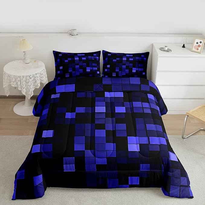 Pixelated Miners Game Kids Bedding Set King Size,Video Games Cartoon Gamepad Comforter Set，Modern Geometric Check Quilt Comforter,Dark Blue Bedroom Duvet Insert,2 Pillowcases