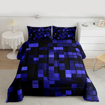 Pixelated Miners Game Kids Bedding Set King Size,Video Games Cartoon Gamepad Comforter Set，Modern Geometric Check Quilt Comforter,Dark Blue Bedroom Duvet Insert,2 Pillowcases