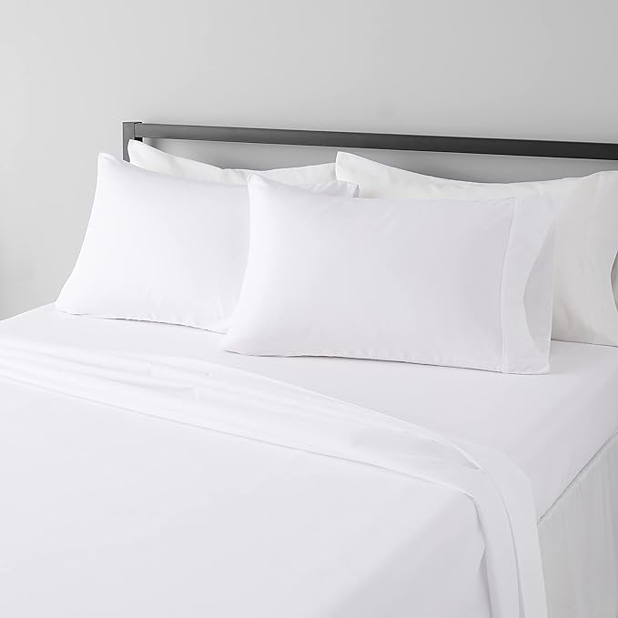 Amazon Basics Breathable, Machine Washable, Wrinkle Resistant Microfiber 4-Piece Bed Sheet Set with 14-Inch Deep Pockets, King, Bright White, Solid