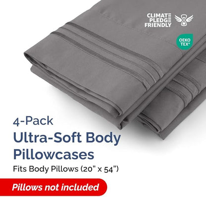 Body Pillowcases Set of 4-20x54 Long Body Pillow Case - Soft Body Pillow Cover for Sleeping & Side Sleepers - Comfy, Breathable & Fade Free - Machine Washable with Envelope Enclosure - (Dark Grey)