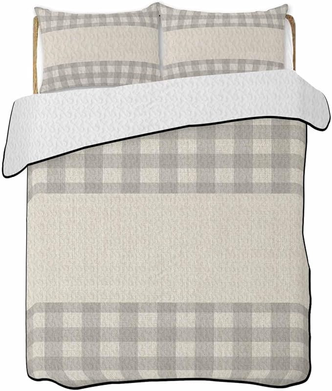 Quilts King Size, Retro Grey Soft Comforter Bedding Set for Bed, Farmhouse Buffalo Plaid Vintage Beige Lightweight Quilted Bedspread with Pillow Cover(2 Pieces) for All Season, 96x106 Inch