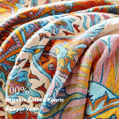 VANJOROY Boho Throw Blanket, 100% Organic Cotton Breathable Skin-Friendly Ultra Soft Bed Quilt Throw - All Season Floral Bird Farmhouse Décor Luxury Blanket for Sofa Couch Chair and Gift. 91" x 98"