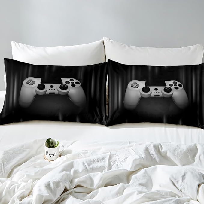 Feelyou Boys Gamer Comforter Set Full Size Bedding Set for Kids Gaming Comforter Gray Black Video Games Gamepad Room Decor for Teens Child Super Soft Geometric Duvet Quilted Son Grandson Gift