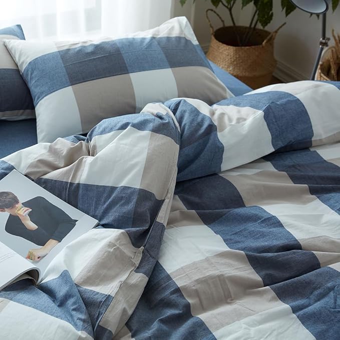 FACE TWO FACE Bedding Duvet Cover Set100% Washed Cotton Duvet Cover Linen Like Textured Breathable Durable Soft Comfy (Queen, Blue and White Grid)