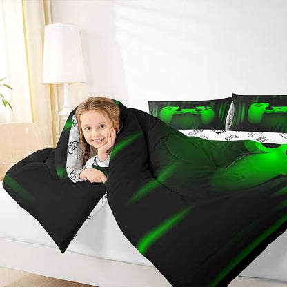 Feelyou Boys Gamer Comforter Set Toddler Size Bedding Set for Kids Gaming Comforter Green Black Video Games Gamepad Room Decor for Teens Child Super Soft Geometric Duvet Quilted Son Grandson Gift