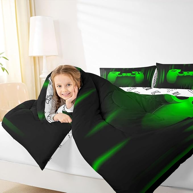 Feelyou Boys Gamer Comforter Set King Size Bedding Set for Kids Gaming Comforter Green Black Video Games Gamepad Room Decor for Teens Child Super Soft Geometric Duvet Quilted Son Grandson Gift