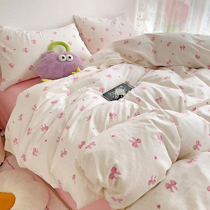 Nayoroom Pink Bow Duvet Cover Full Size Heart Bows Printed Coquette Bedding Set 3 Pcs Kids Girls Cute Comforter Cover with Zipper Closure Soft Breathable Microfiber