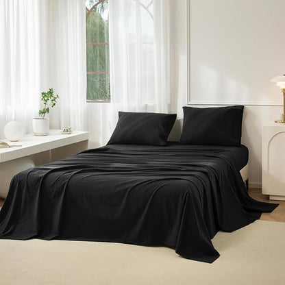 JIYUAN Full Size Sheet Set, 4-Piece - 100% Washed Cotton, Linen-Like Soft & Breathable, Includes Deep Pocket Fitted & Flat Sheet with 2 Pillowcases, Hotel Quality, Solid Black