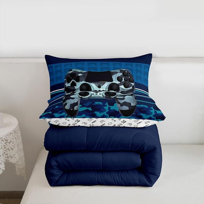 Feelyou Gamer Comforter Set Camouflage Gaming Video Game Bedding Set for Kids Boys Children Blue Camo Gamer Console Comforter Soft Gamepad Decor Quilt Set Twin Size
