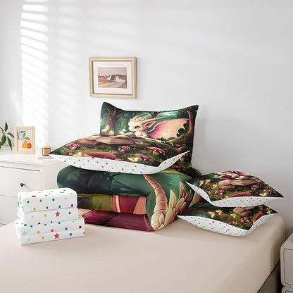 Magical Dragon Wildlife Comforter Set,Childlike Fairy Tale 7 Piece Bed Set Twin Size for Kids,Cute Jungle Mushroom Bed in a Bag Bedding Set with Comforter,Sheet Set,Pillowcases,Pillow Covers