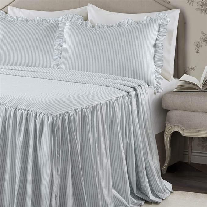 Lush Decor Ticking Stripe Bedspread King Size 3 Piece Set Lake Blue - Ruffle Bedding Set King Bedspreads - Striped Bedding - Farmhouse & Coquette Decor