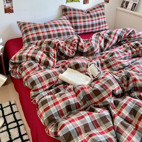 LifeTB Vintage Buffalo Plaid Comforter Set Twin XL, 3 Pieces Red Brown Grid Checkered Comforter with 2 Pillowcases, Breathable Soft Farmhouse Grid Pattern Printed Plaid Gingham Bedding Comforter Set