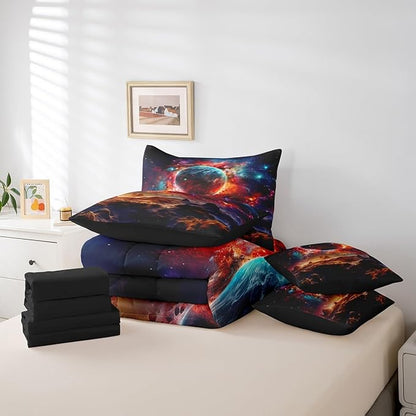 Erosebridal Planet Bed in a Bag King Size Comforter Set 7 Pieces,Sun Moon Galaxy Bedding Sets Universe Nebula Outer Space Sheet Set with Comforter