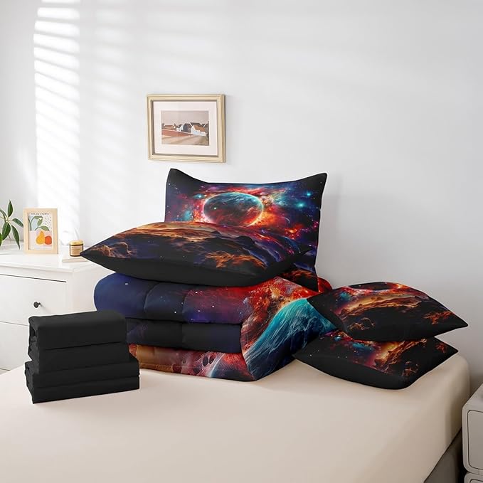 Erosebridal Planet Comforter Set 7 Piece Bed in a Bag Twin,Sun Moon Galaxy Bedding Sets Universe Nebula Outer Space Sheet Set with Comforter