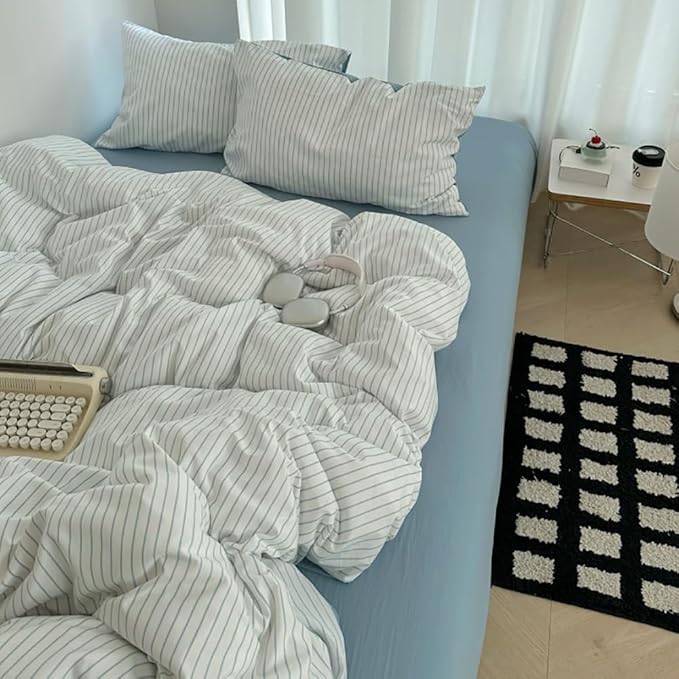 Nayoroom Blue Striped Duvet Cover Queen Size 100% Washed Cotton Duvet Cover Linen Like Textured, Reversible 3 Pieces Soft Breathable Yarn-Dyed Stripe Girls Dorm Bedding Set for All Seasons