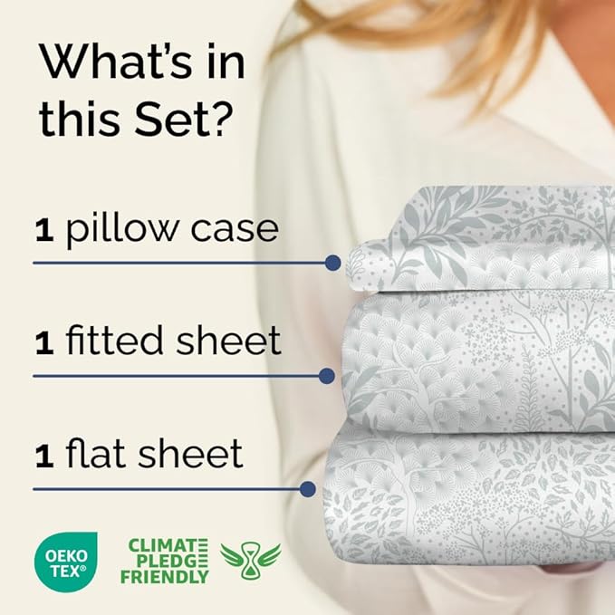 Floral Sheets - Grey Floral Bed Sheet Set - 1 Flat, 1 Fitted & 1 Pillowcase w/ Deep Pockets - Comfy, Wrinkle & Fade Free - Boho Botanical Bedding - Ultra-Soft, Breathable and Cooling - Twin Size