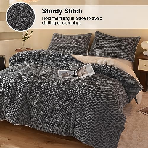 LLanCL 3D Jacquard Design Comforter Set, Ultra-Soft Warm Full Size Sherpa Fur Plush 3-Pieces Sets Luxury Cozy Bedding with 2 Pillowcases (80"x90", Grey)