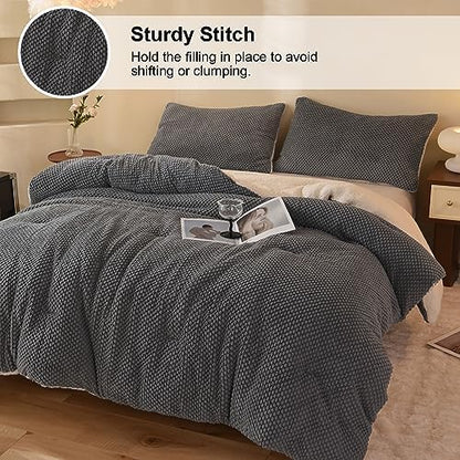LLanCL 3D Jacquard Design Comforter Set, Ultra-Soft Warm King Size Sherpa Fur Plush 3-Pieces Sets Luxury Cozy Bedding with 2 Pillowcases (104"x90", Grey)