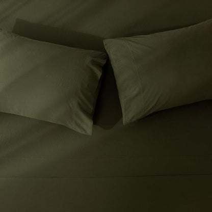 JIYUAN Full Size Sheet Set, 4-Piece - 100% Washed Cotton, Linen-Like Soft & Breathable, Includes Deep Pocket Fitted & Flat Sheet with 2 Pillowcases, Hotel Quality, Solid Olive Green