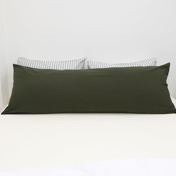 MooMee Body Pillow Cover Pillowcase with Zipper 100% Washed Cotton Linen Like Textured Breathable Durable Soft Comfy (Olive Green, 21”x54”, 1PC)