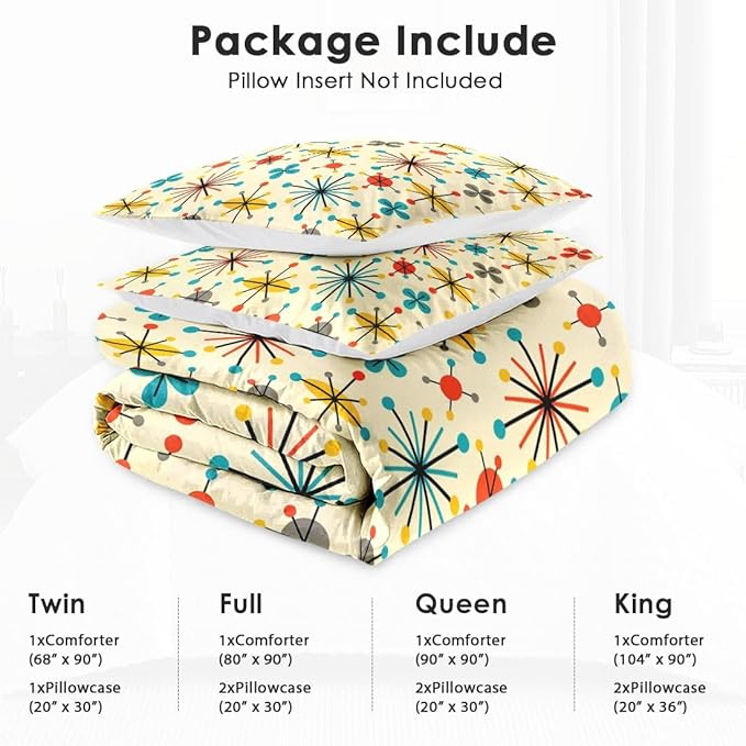 Queen Size Comforter Set with 2 Pillowcases, Mid Century Retro 50S Atomic Soft 3 Pcs Bedding for Kids and Adults Bedroom Bed Decor