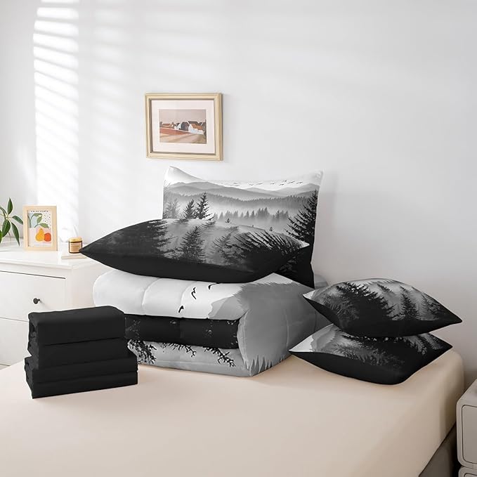 Erosebridal 7 Piece Black Grey King Comforter Set with Sheets Smoky Mountain Forest Bed in A Bag Rustic Woodland Pine Trees Bedding Sets for Kids Boys Adults Men,Nature Landscape Bed Set