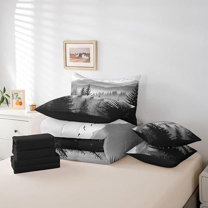 Erosebridal 7 Piece Black Grey Twin Comforter Set with Sheets Smoky Mountain Forest Bed in A Bag Rustic Woodland Pine Trees Bedding Sets for Kids Boys Adults Men,Nature Landscape Bed Set
