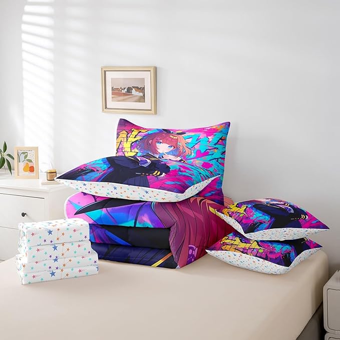 Erosebridal 7 Piece Girls Japanese Anime Comforter Set Queen, Kawaii Anime Girl Bedding Sets Cartoon Girl Sheet Set for Kids Teens Adult Room Decor,Japanese Animation Sci Fi Style Bed in A Bag