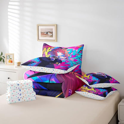 Erosebridal 7 Piece Girls Japanese Anime Comforter Set Full, Kawaii Anime Girl Bedding Sets Cartoon Girl Sheet Set for Kids Teens Adult Room Decor,Japanese Animation Sci Fi Style Bed in A Bag