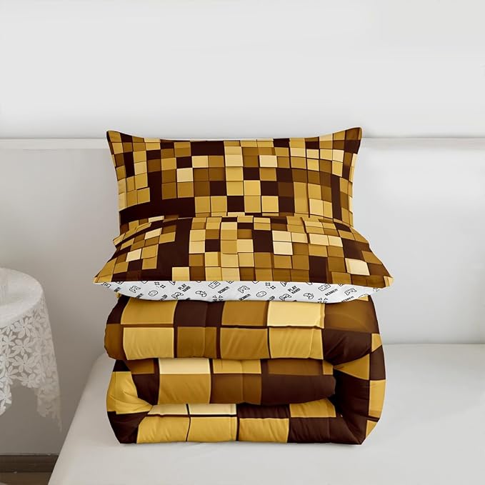 Pixelated Miners GameComforter Set King Size,Geometric Check Video Games Kids Bedding Set,Gamepad Grid Modern Quilt Comforter,Dark Yellow Duvet Insert,2 Pillowcases