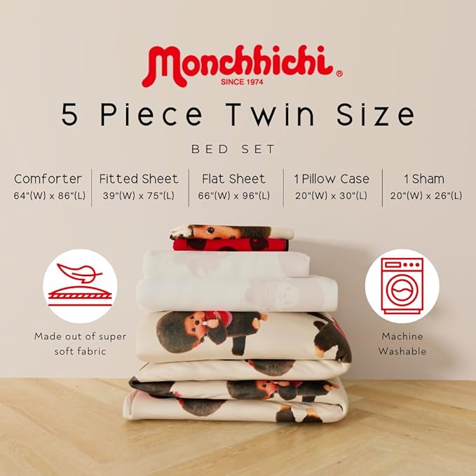 Monchhichi Bedding 5 Piece Twin Bed Set, Soft Cozy Nostalgia Reversible Comforter and Sheet Set with Sham, Officially Licensed Product by Franco