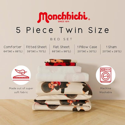Monchhichi Bedding 5 Piece Twin Bed Set, Soft Cozy Nostalgia Reversible Comforter and Sheet Set with Sham, Officially Licensed Product by Franco